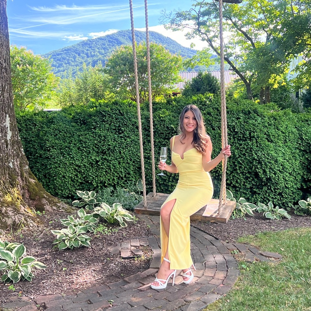 Hello Molly yellow wedding guest dress.